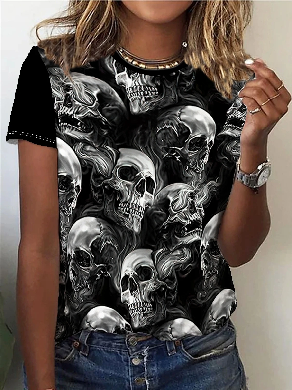 Skull Head Print T-shirt, Casual Crew Neck Short Sleeve Top For Spring & Summer, Women's Clothing