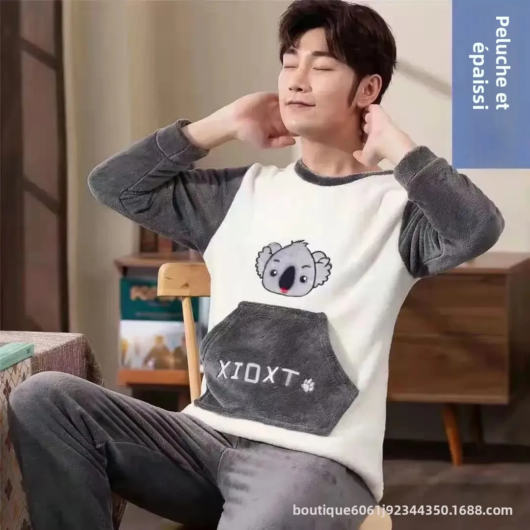 

Мужская одежда для сна, утепленный коралловый флис, домашняя одежда, зимний пижамный комплект, большой размер, уличный носимый теплый фланелевой спортивный костюм