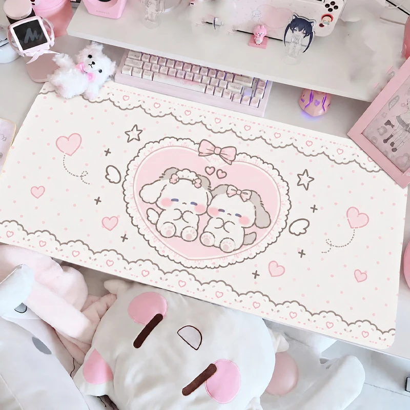 Pink Lace Polka Dot Love Heart Puppy Kawaii Leather PU Desk Pad Protector Mouse Pad Office Waterproof Non-Slip Desk Blotter Pad