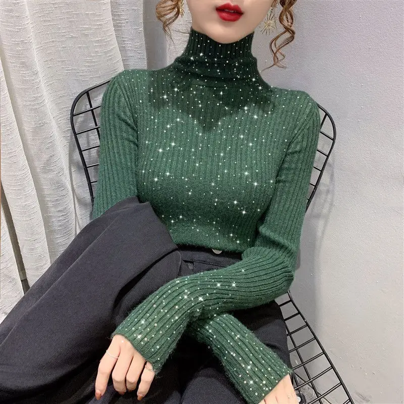 Luxury Shiny Rhinestone Sweater Fall Winter Slim Thin Knitted Bottoming Shirts Turtleneck Pullovers Sequined Undershirts Tops