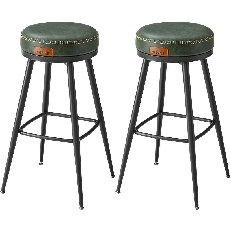 360° Swivel Bar Stools Set of 2, Bar Height Bar Stools, Synthetic Leather with Stitching, Mid-Century Modern, 30-Inch Tall