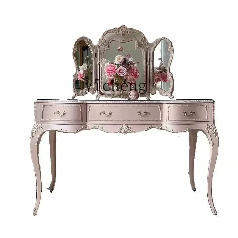 ZC Vintage Distressed Pink Dressing Table Solid Wood Carved Dressing Table Dressing Stool Glass Combination Complete Set