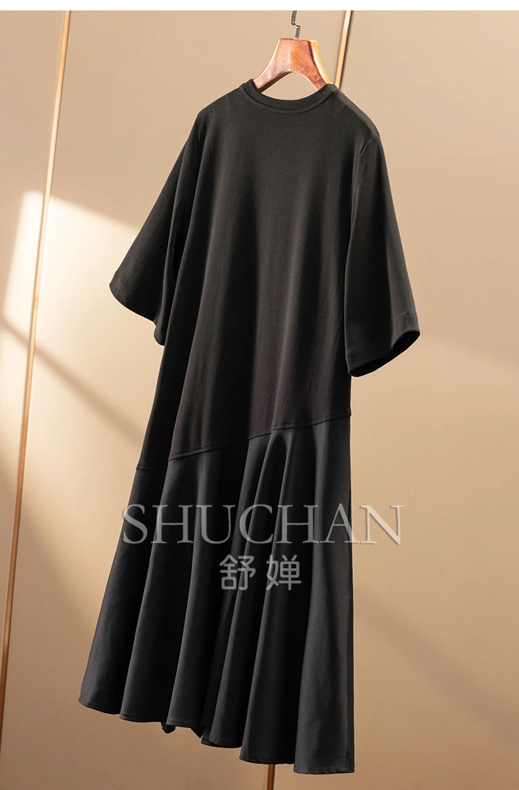 2025 미니멀리스트 & 독특한 불규칙 스플라이스 3M 라지 스커트 반팔 티셔츠 드레스 여성