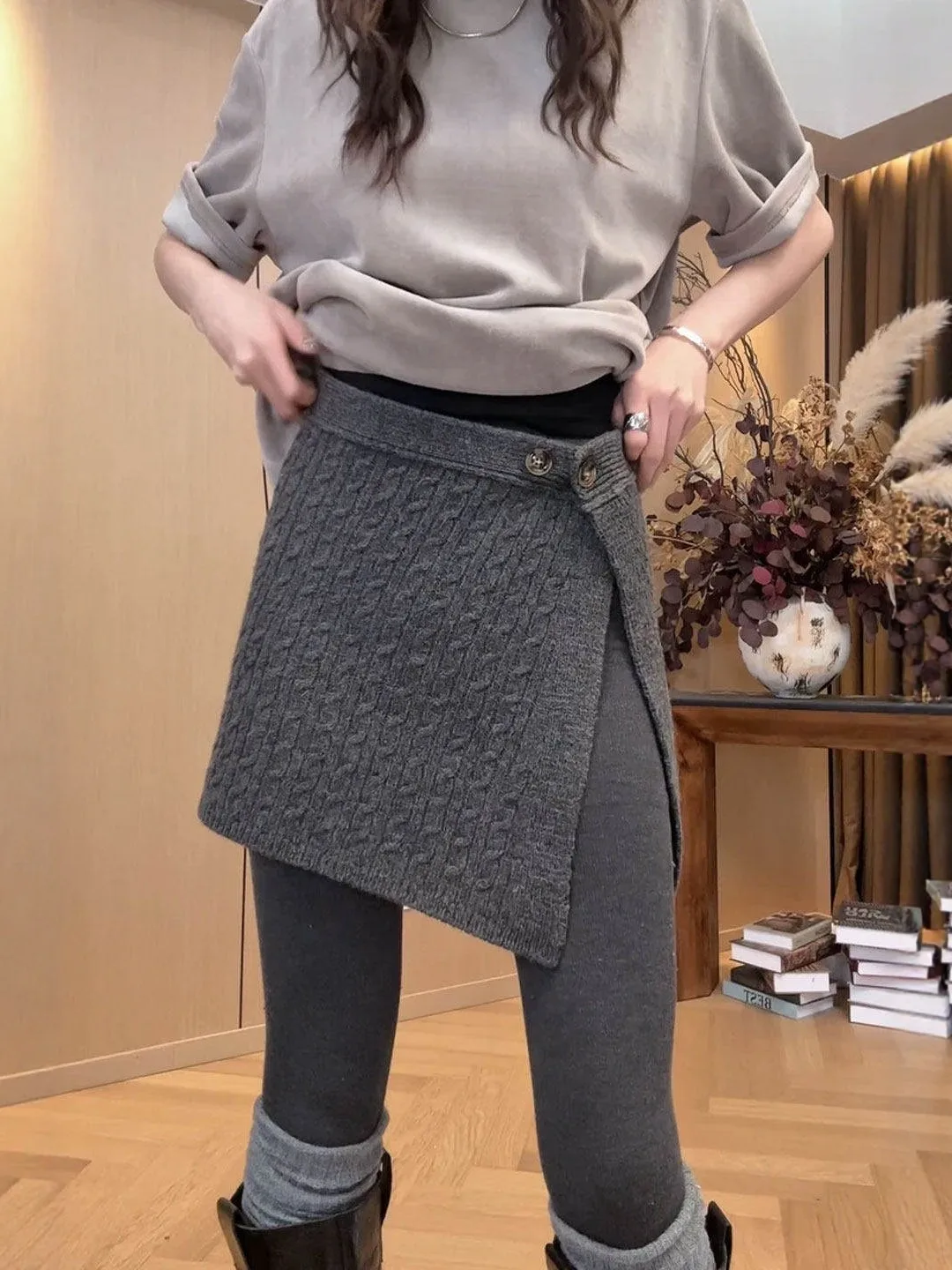 

Корейская вязаная юбка на пуговицах для женщин, осенне-зимняя, с высокой талией, многослойная, из полиэфирного волокна, теплая, для повседневной носки