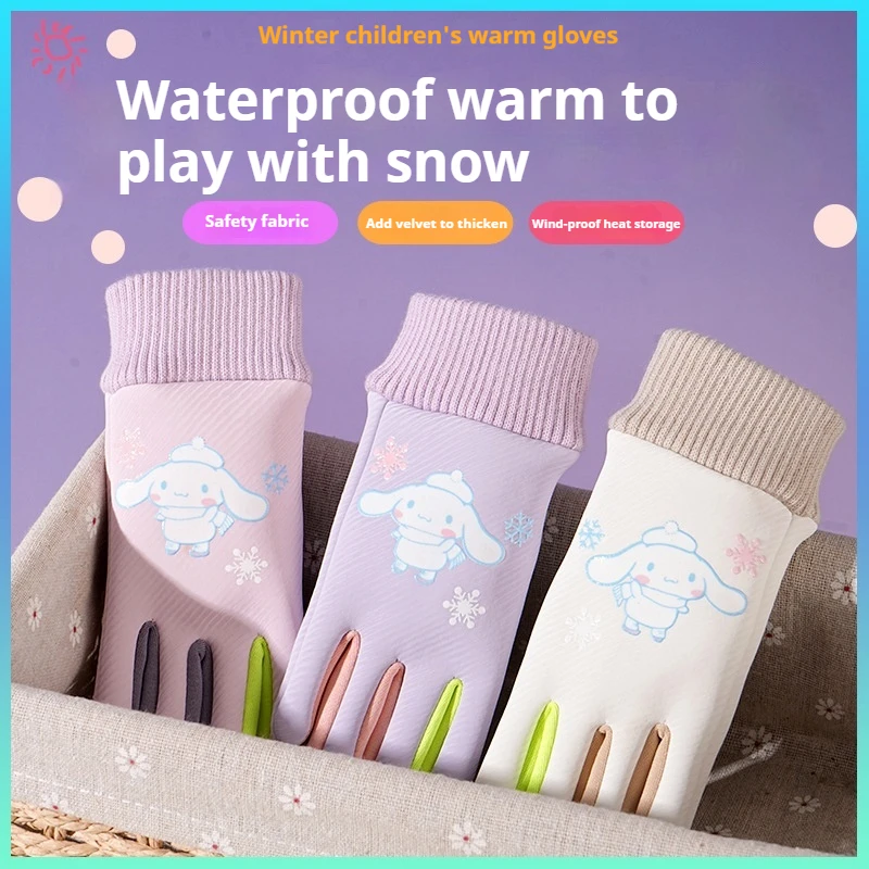 2024 New Cinnamoroll Warm Boys Girls Children Autumn Winter Plus Velvet Skiing Outdoor Waterproof Riding Wind Cold Gloves Baby