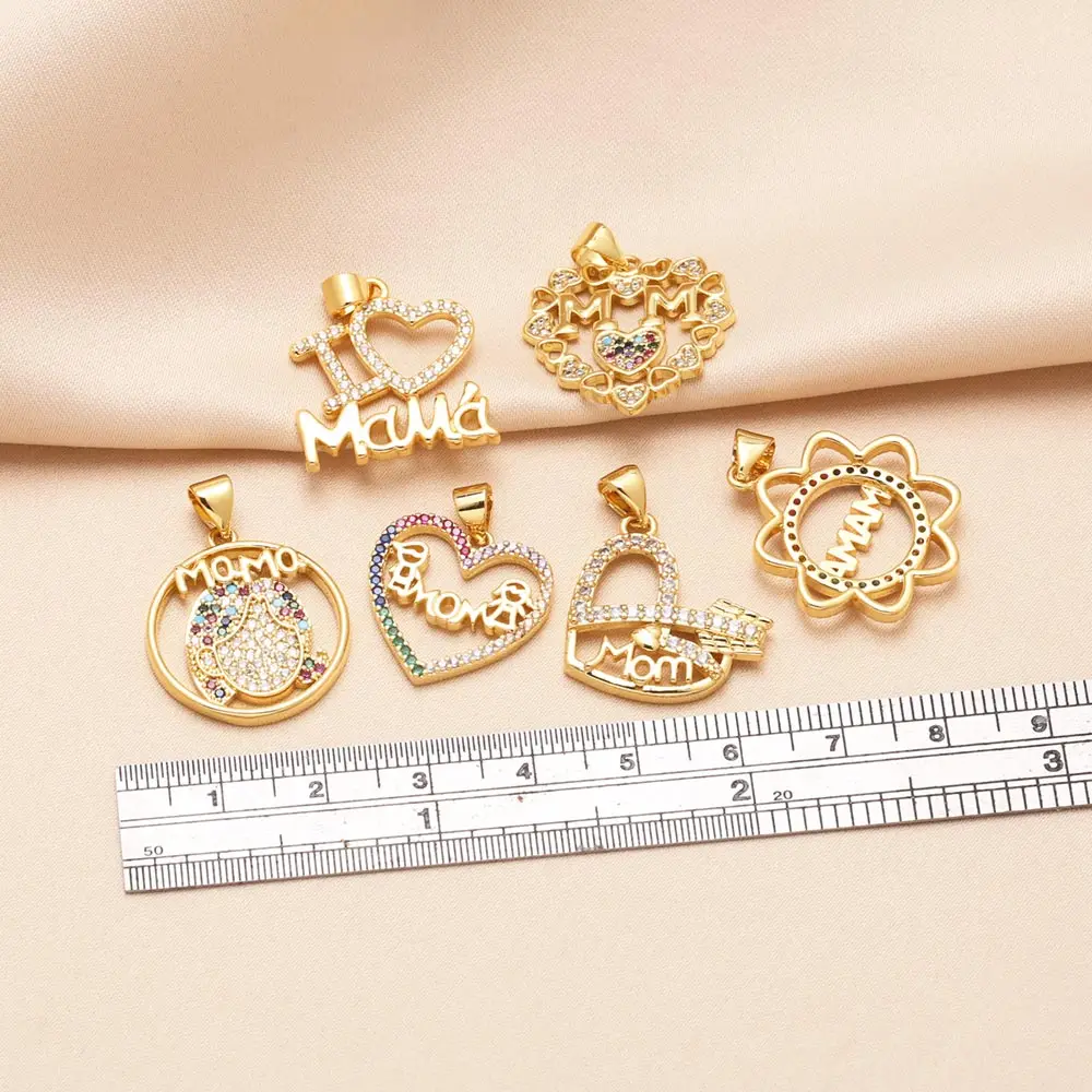 OCESRIO Rainbow Crystal Love Mama Pendant For Necklace Copper Gold Plated Flower Heart Mama Jewelry Making Supplies Pdta816