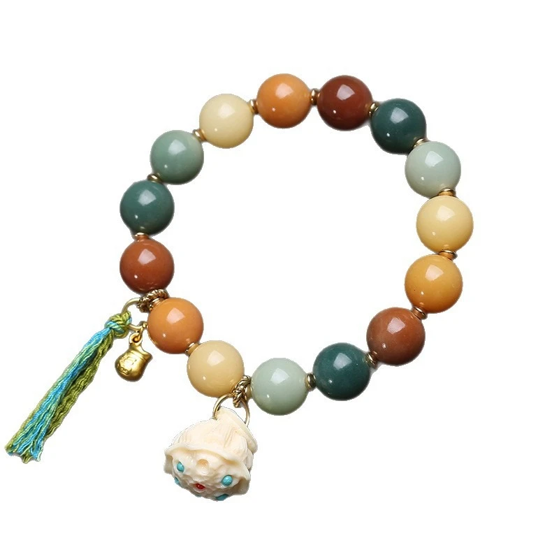 Natural Colorful Weathered Bodhi Root Round Bead Bracelet Single Loop China-Chic Vintage Ivory Fruit Carving Accessories - view 6