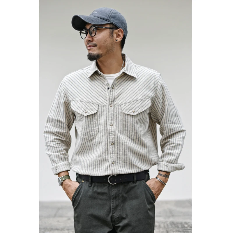 

Men's Cotton Linen Striped Work irt Casual Long Sve Autumn Vintage Western Sle Loose Fit Breathable Comfortable irt