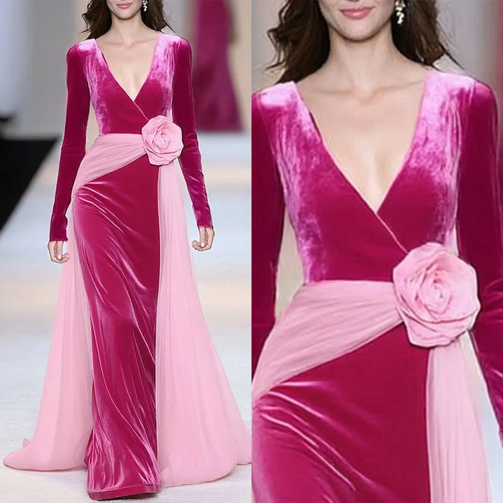 

High Quality Customized V-neck Full Sleeves Floor Length Pink Flower Tulle Elegant Dress Women for Wedding Party Abiti Da Sera