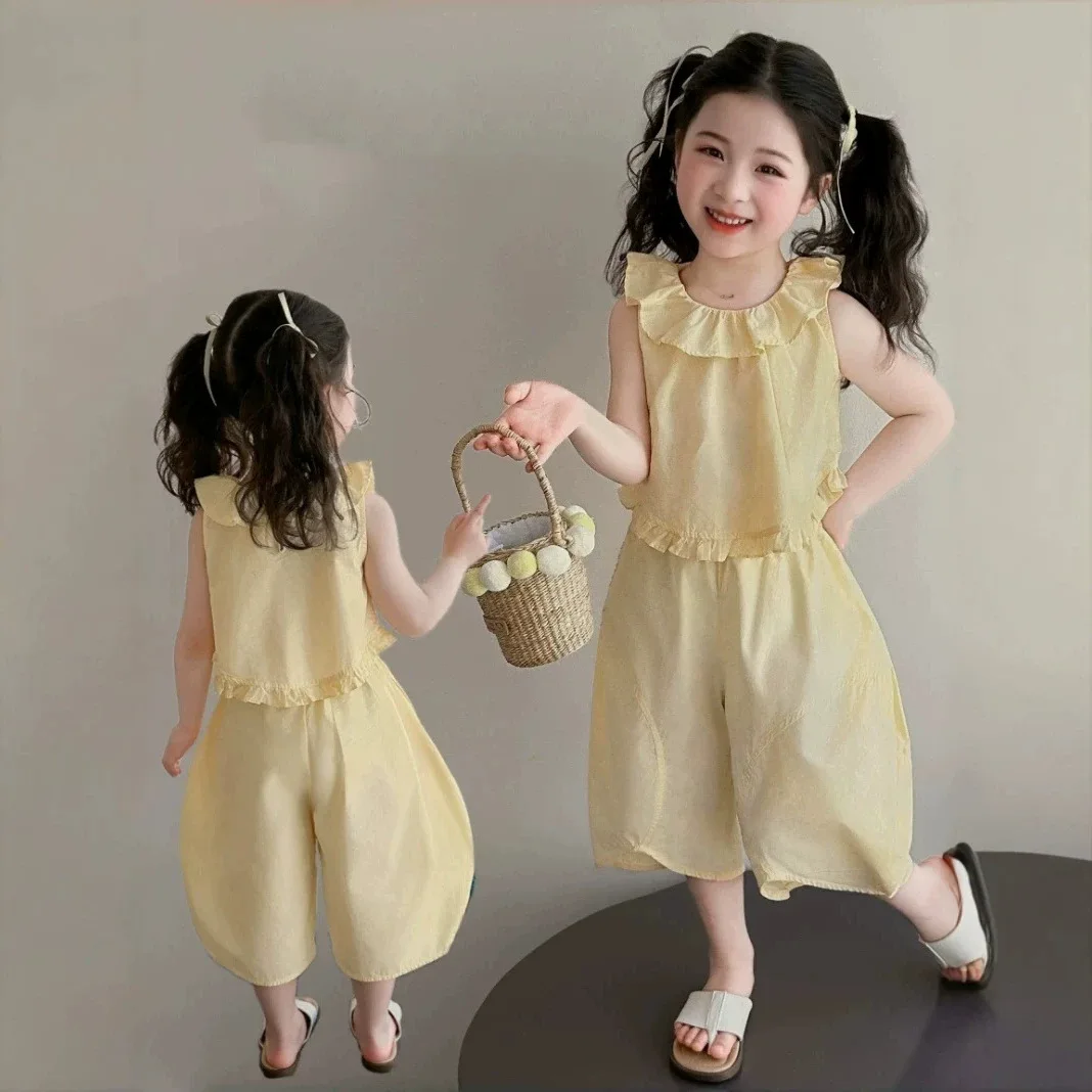 Baby Girl Set Lotus Collar Short Top+Harlan Peach Pants 2026 Summer New Children's Clothing Sets Kids Outfits