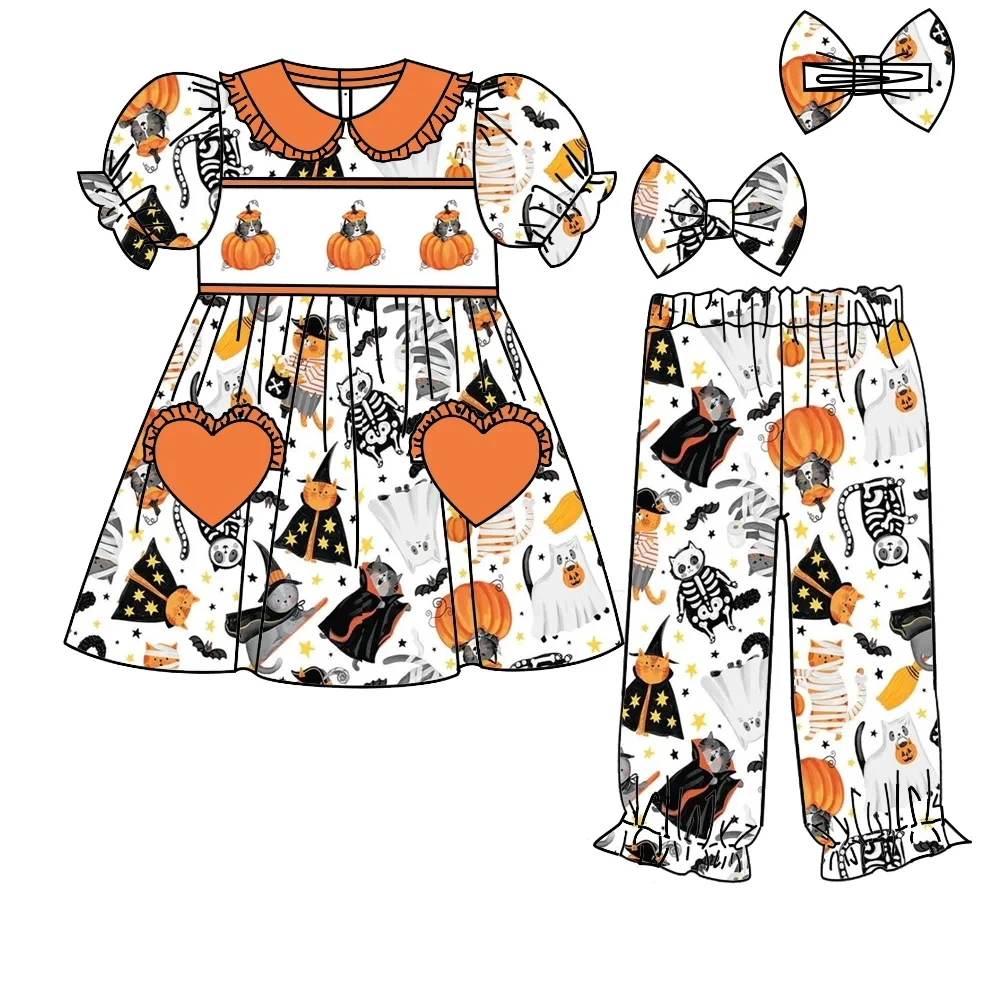 

Wholesale Halloween Kids outfits boutique children's clothing pumpkin hat cat print girls boys pajama set