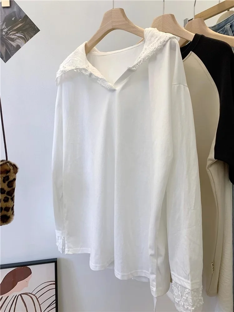 

Large Size 300 Pou Lace Patchwork Hooded Faion Loose Long Sve T-irt Women's Spring Korean Sle Hat irt Base irt