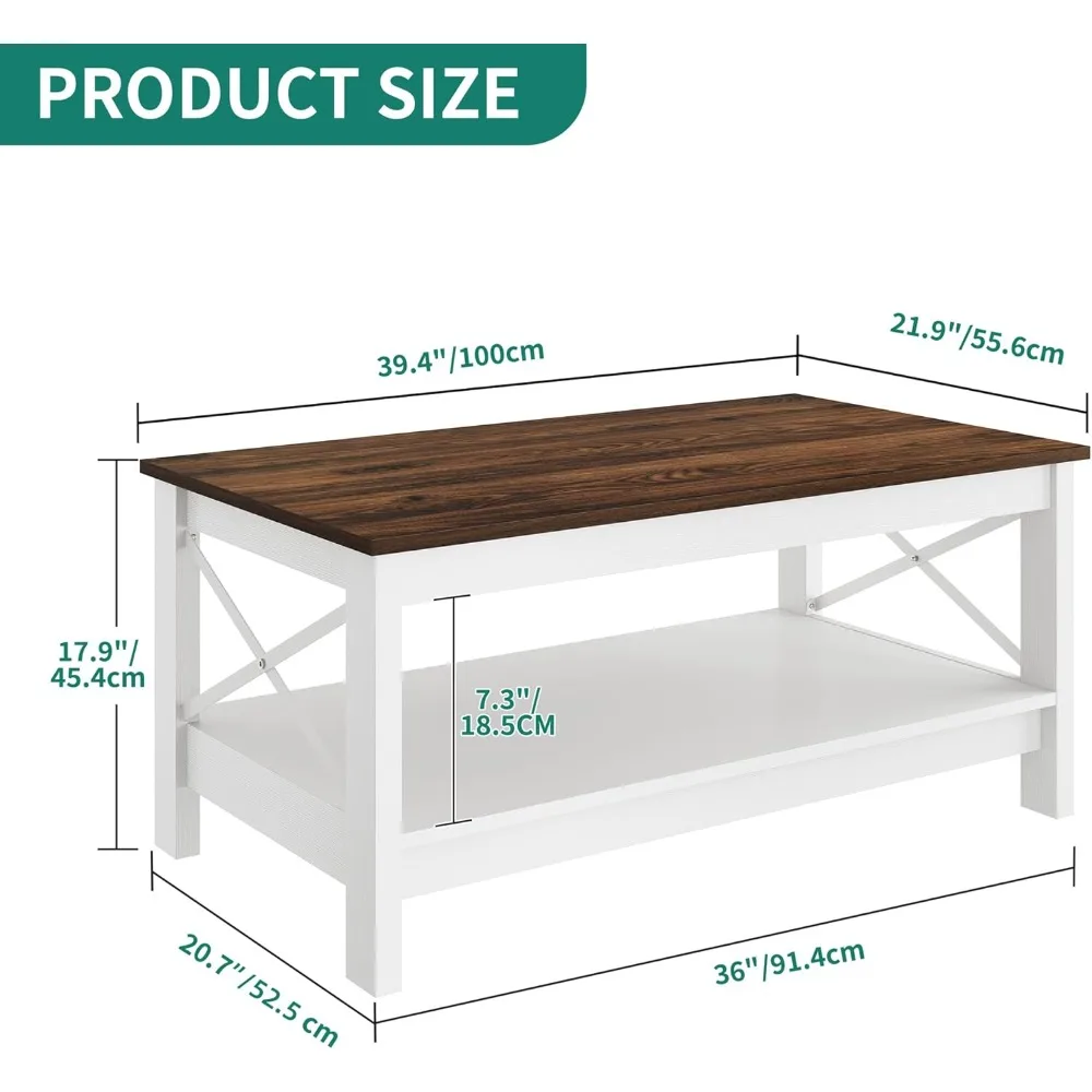 طاولة قهوة حديثة للمزرعة مع مساحة تخزين، طاولة مركزية خشبية من طبقتين لغرفة المعيشة، إطار قوي على شكل X #2