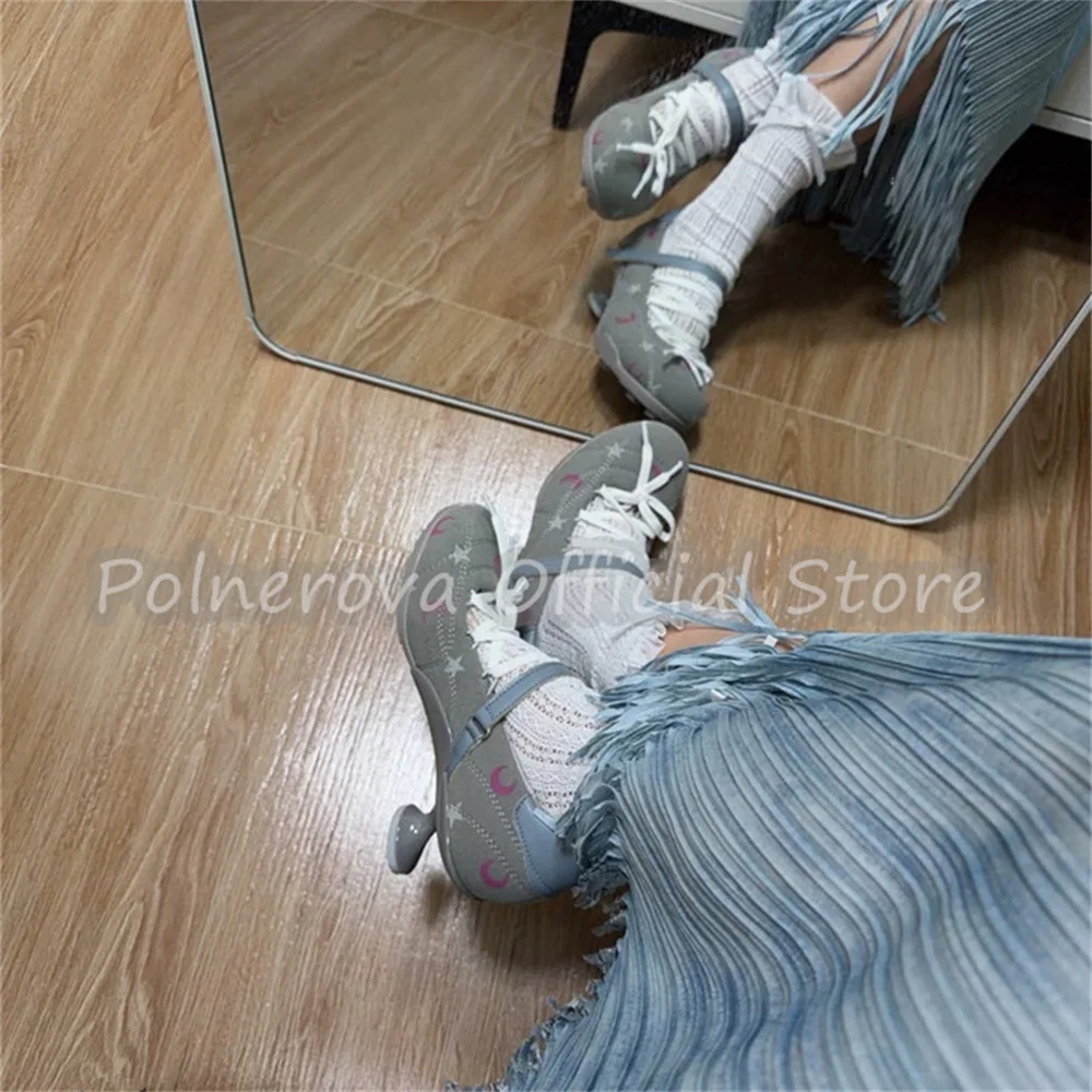 

Moon Star Embroidery Cross Lace-Up Balle Shoes Women Kitten Heel Mary Jane Pumps Y2K Sweet Goth Daily Party Dress Footwear