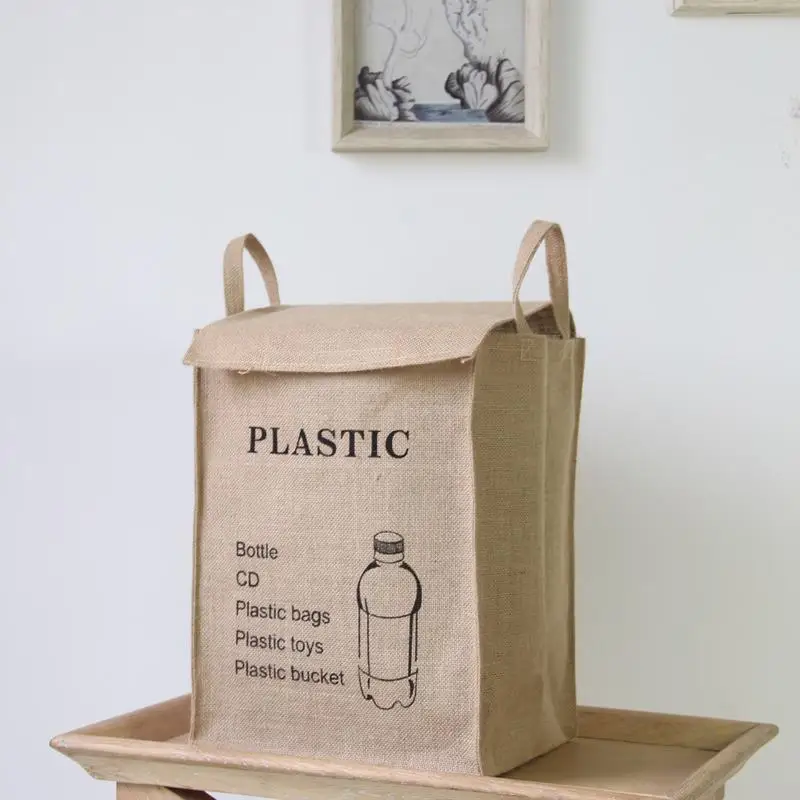 Natural Jute Laundry Hamper Storage Box Fabric Bag with Magic Tape Connection Home Organization Basket Dirt Clothes Storage