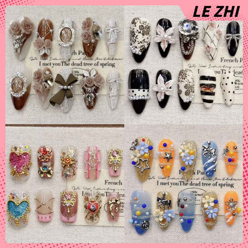 

Beautiful 3D Flowers Handmade Square Almond Press On Nails Metal Butterfly Swan Rabbit Pearl Diamond Strawberry Fake Nails Gift