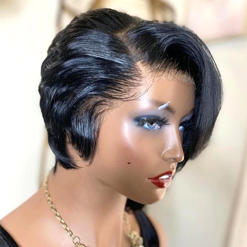 Pixie Cut Wigs Human Hair 13x4 Short Pixie Cut Lace Front Wig for Women Black Pixie Cut Transparent Frontal Wig Layered Straight