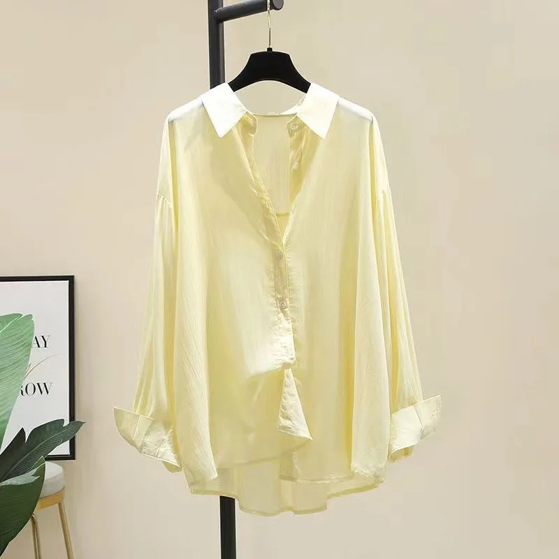 2025 Camicia estiva per protezione solare Donna Casual Prospettiva allentata Camicetta in chiffon sottile Donna Camicie streetwear fresche e solide stile coreano