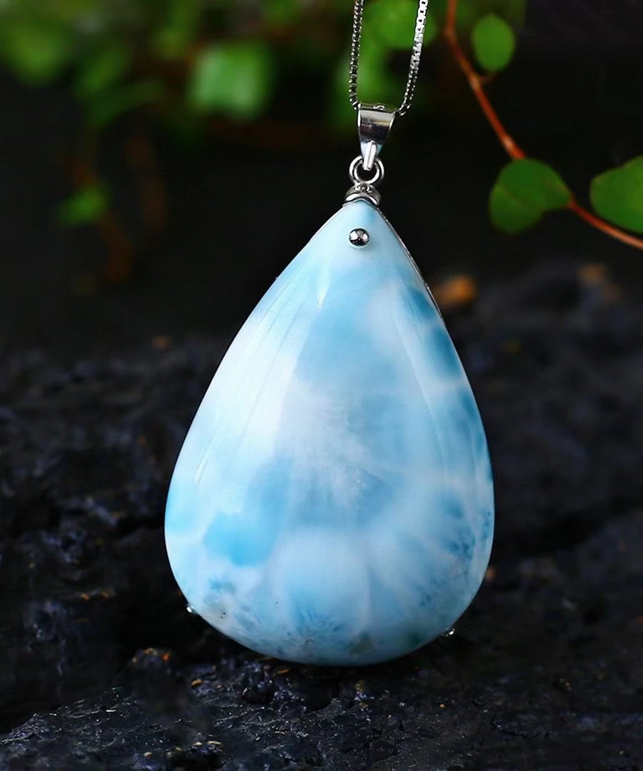 Natural Blue Larimar Pendant Women Men 42x28x11mm Heart Water Pattern 18K Gold Crystal Love Necklace From Dominia AAAAAAA