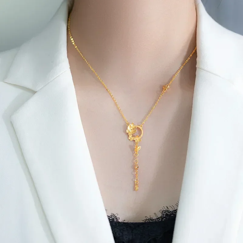 

9999 Real Gold 24K Niche Super Fairy Premium Butterfly Wreath Clavicle Chain Fashion Butterfly Tassel Necklace