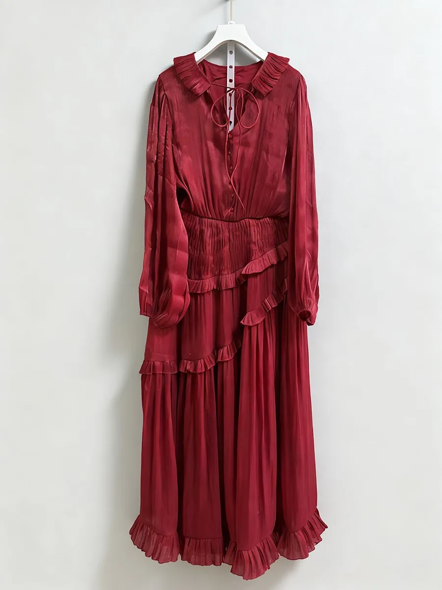 TWOTWINSTYLE Vintage Loose Spliced Ruffles Folds Dresses for Women V Neck Long Sleeves Tunic Patchwork Lace Up Dress Female New