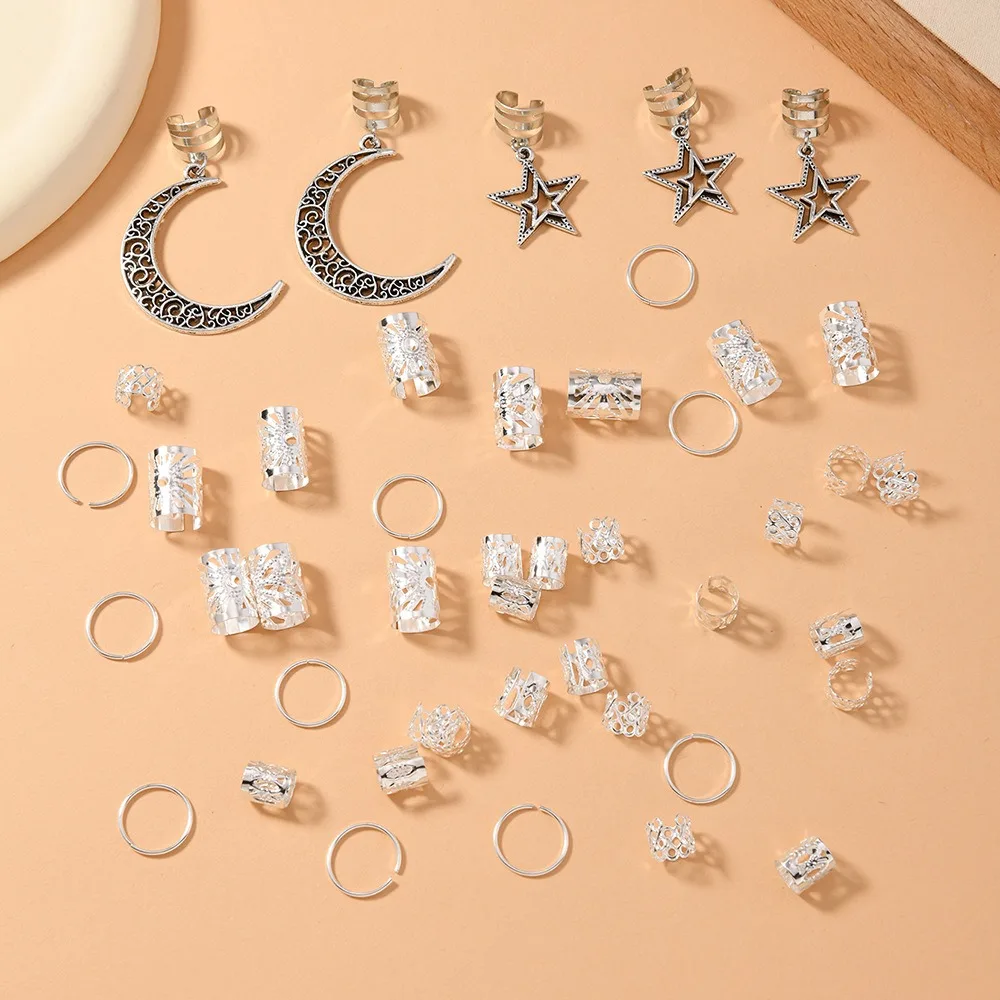 45Pcs/Set Stars Moon Combination Dreadlock Hair Rings Metal Cutout Vintage Braiding Jewelry Dreadlock Hair Clip Adjustable