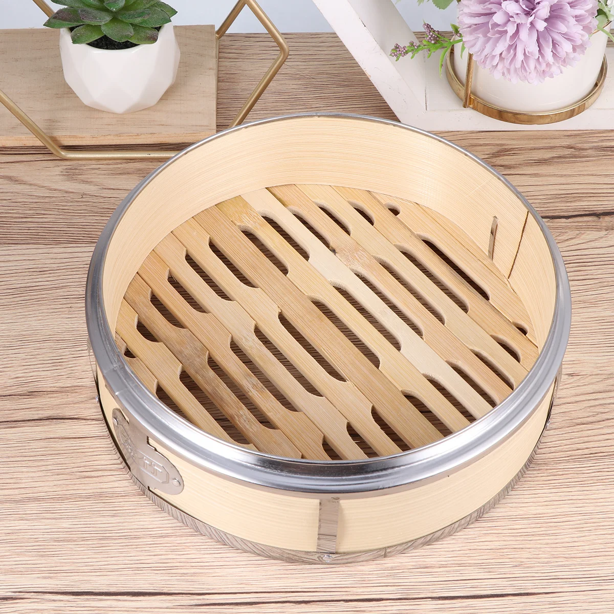 

1pc Bamboo Steamer Kitchen Gadget Stainless Steel Banding Food Steamer Steaming Basket For Dumplings Dim Sum 22Cm Home Use