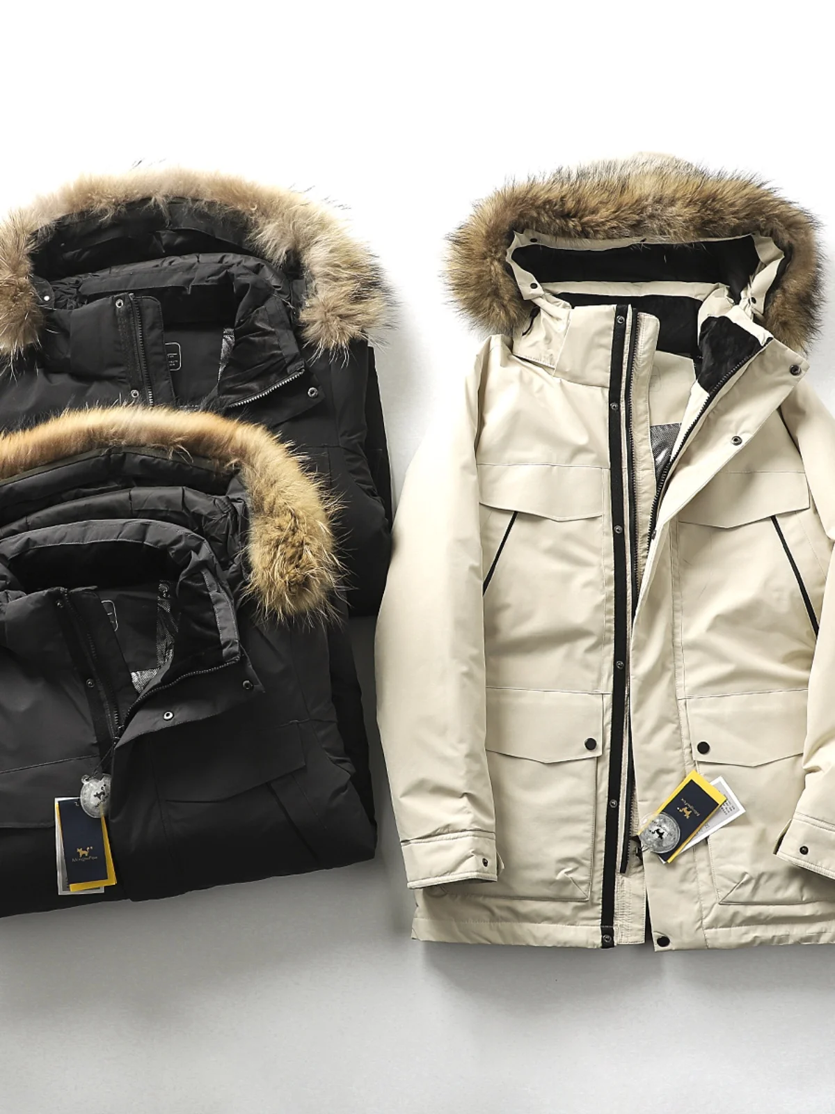 

White Du down Puffer Jaet Men's Winter Thiened Hat Inteated Real Fur Collar Mid-Length Coat Youth ular Outerwear