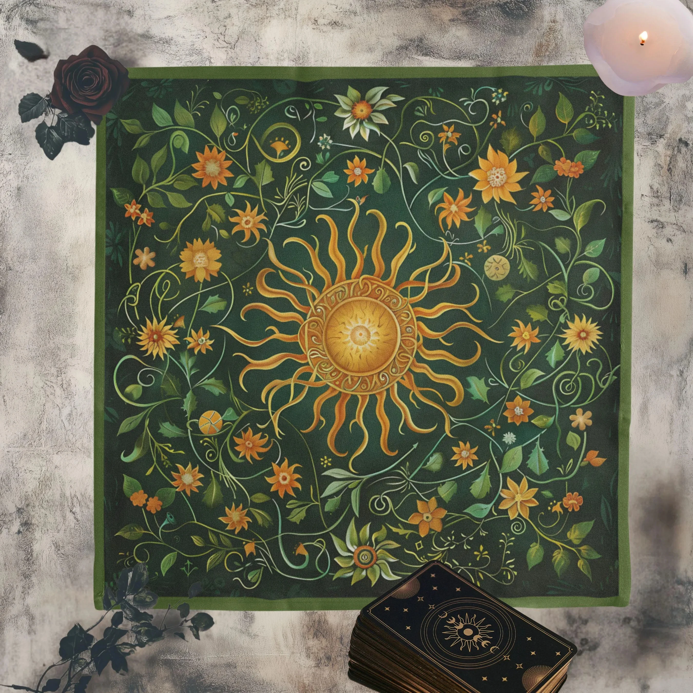 VIKAMA Retro Green Gold Sun Flower Tablecloth Forest Witch Style Tarot Altar Cloth Ceremony Tablecloth Tarot Card Tablecloth