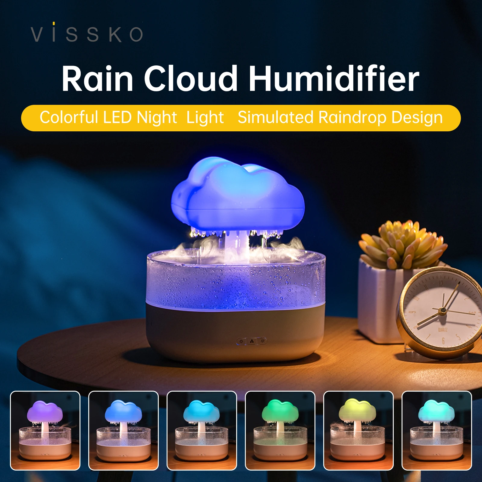 Vissko Rain Cloud Humidifier 200ML Essential Oils Aroma Diffuser With Water Drops And Colorful Night Light Mushroom Humidifier