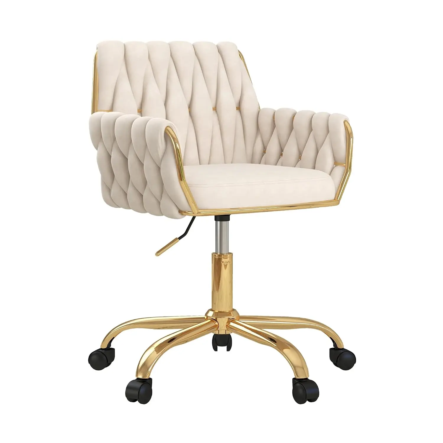 Velvet Home Office Chair, Modern Height-Adjustable Vanity Chair with Golden Base and Hand-Woven Backrest for Bedroom/Study/Vanit