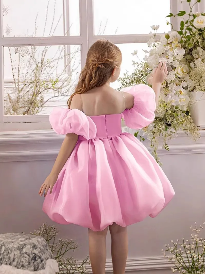 

Custom Luxury Big Bow Flower Girl Dress Off Shoulder Puff Sleeve Satin Wedding Pageant Gown For Girls Birthday Party Special