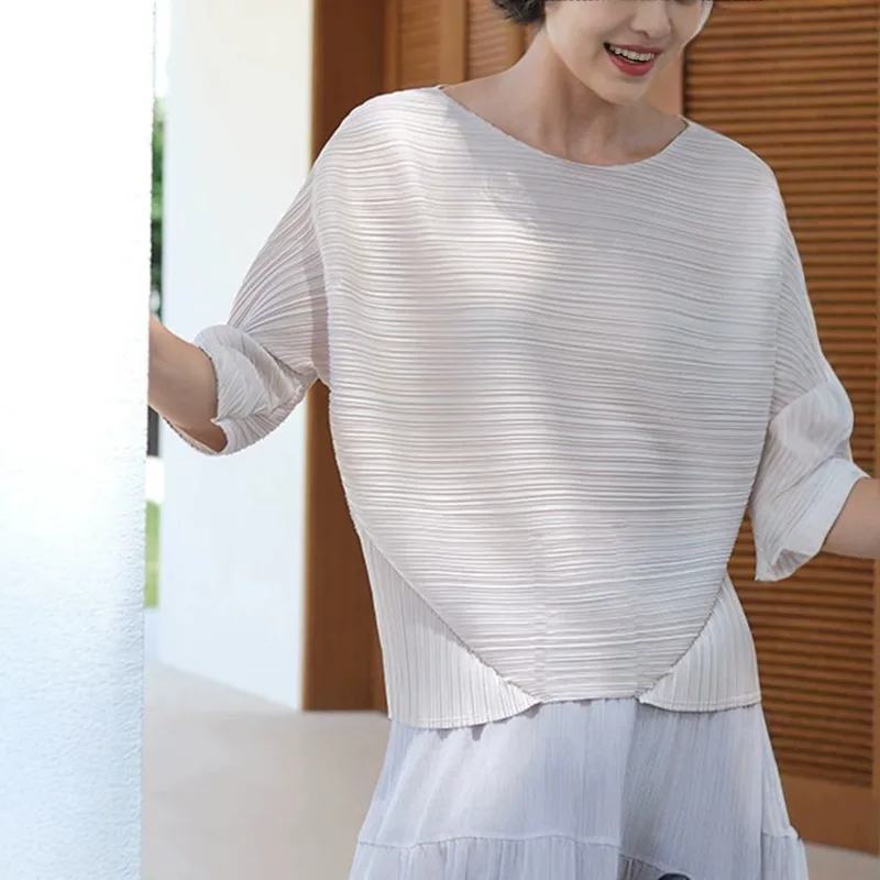 Pleated T-Shirt Summer New Simple Casual Fashion Mid-Sleeve Korean Style Loose Lightweight Stretch Women's Top Clothing