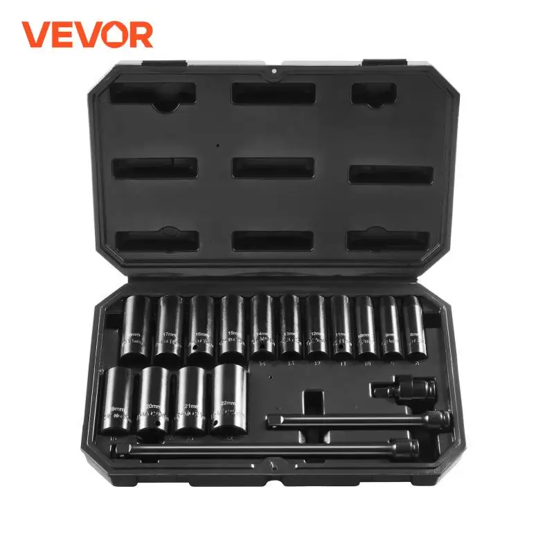 VEVOR Drive Impact Socket Set Deep Socket Set Metric CR-V Alloy Steel for Auto Repair Rugged Construction Includes Storage Case