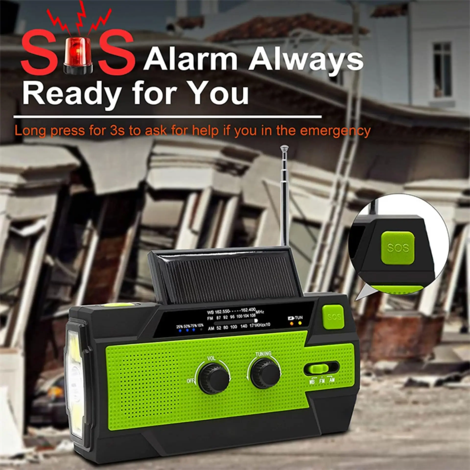 Tragbares Notfallradio, 4000 mAh/Handkurbel, Solar-USB-Aufladung, FM/AM/NOAA, LED-Taschenlampe, SOS-Alarm, Powerbank