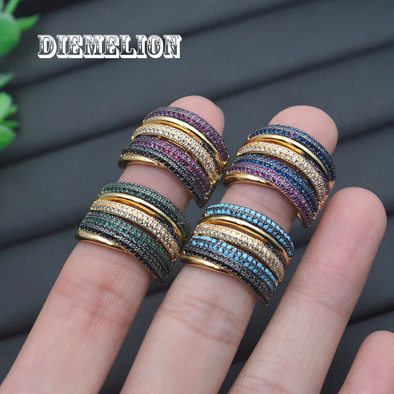 Luxury Designer Two Tone Gold Plated Micro Full Colorful CZ Rings for Women Geometry Shape Multi Layer Adjustable Big Ring