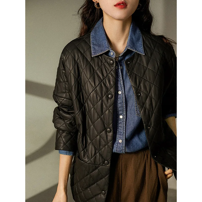 Elegant Leather Coat Women Neck Loose Sheepskin Overcoat