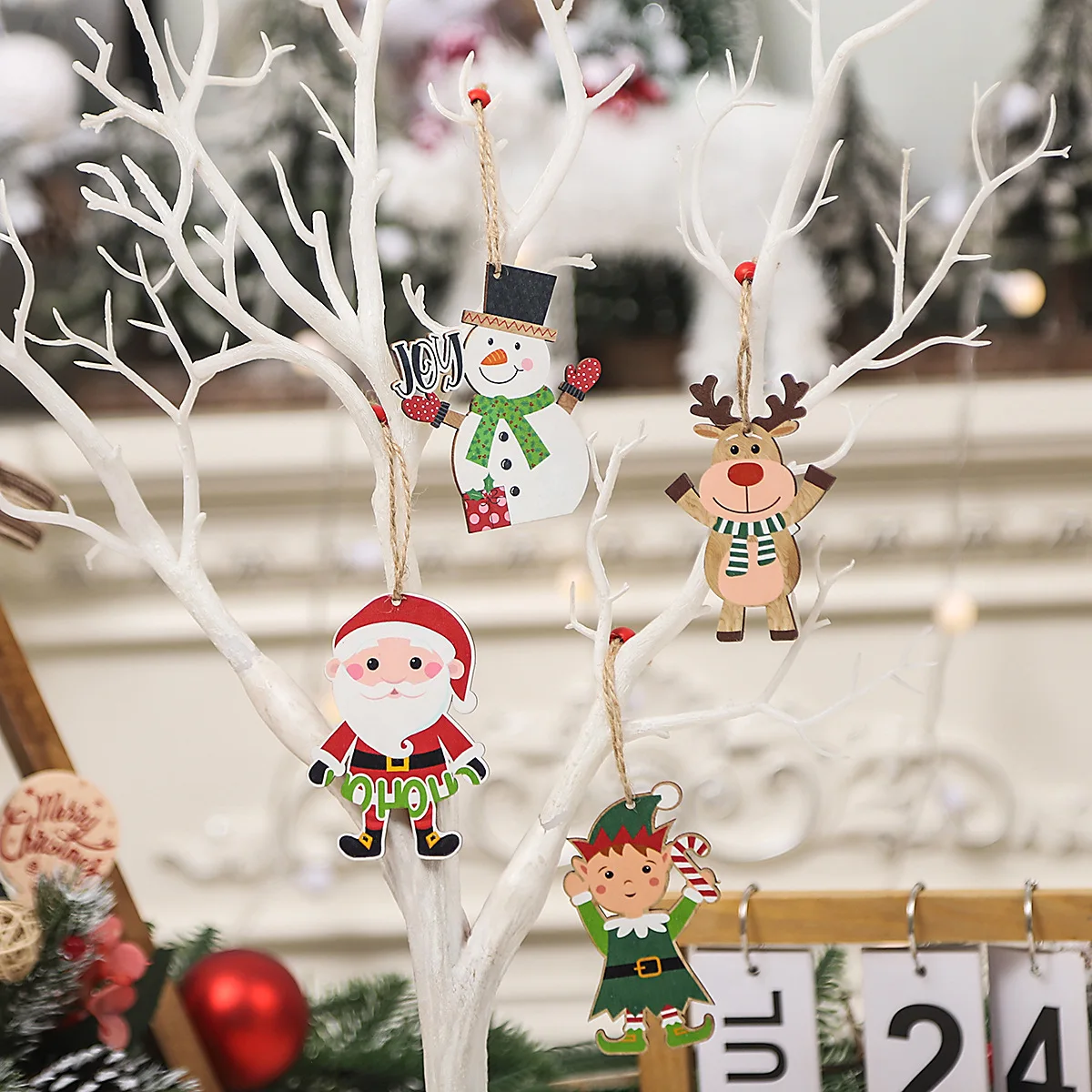 4Pcs/Set Mini Christmas Tree Painted Wooden Pendant Gnome Ornaments Christmas Decoration Kid Toys New Year 2024 Decor