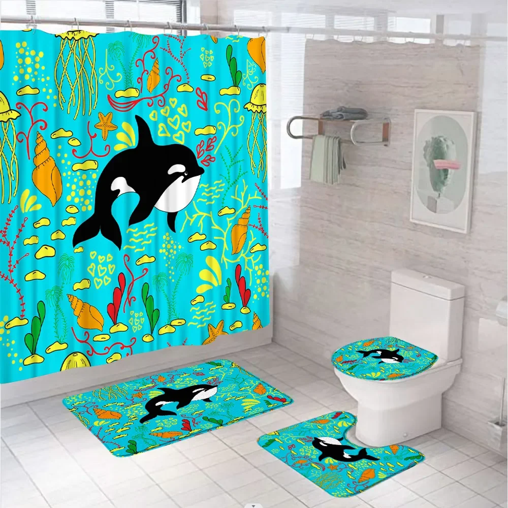 Dolphin Shark Octopus Shower Curtain Set Funny Ocean Animal Fish Fabric Bathroom Curtains Non-Slip Bath Mat Rug Lid Toilet Cover