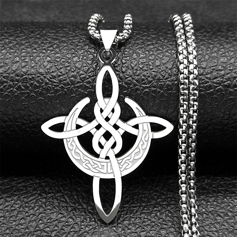 Witch Crescent Moon Knot Pendant Necklace for Women Men Stainless Steel Gold Color Irish Celtic Knot Chain Jewelry NZZZ790S02 - view 4