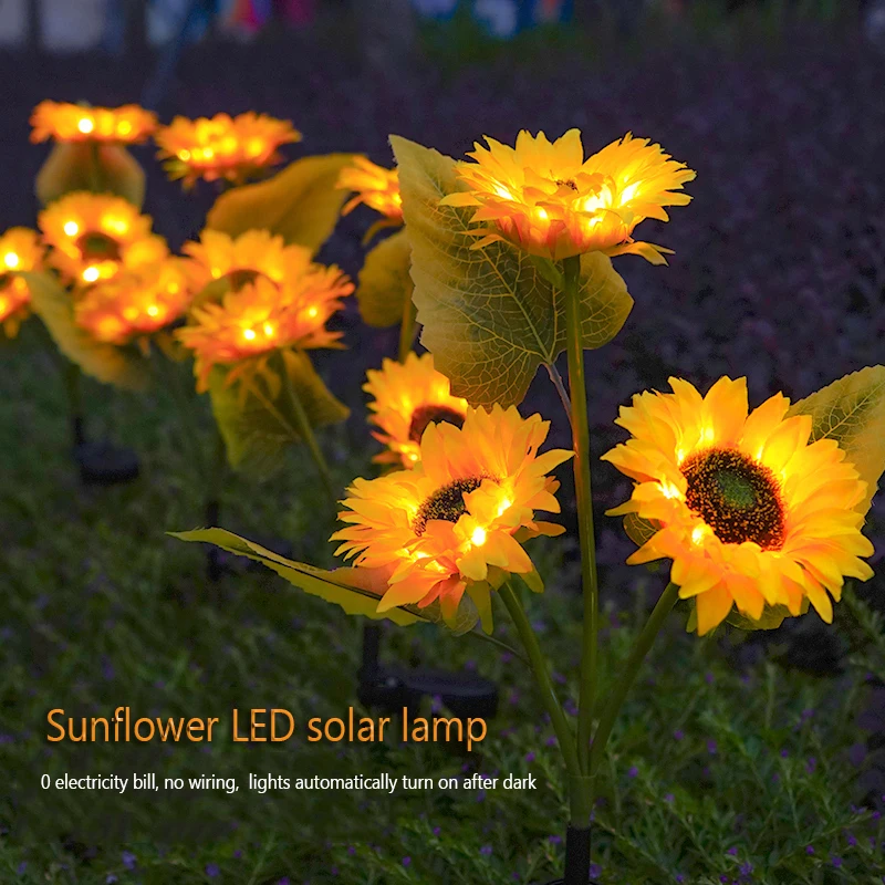 3Head LED Solar Simulation Sunflower Lights Garden Yard Lawn Waterproof Night Lights Landscape Lamp Home Decoration Flower Light