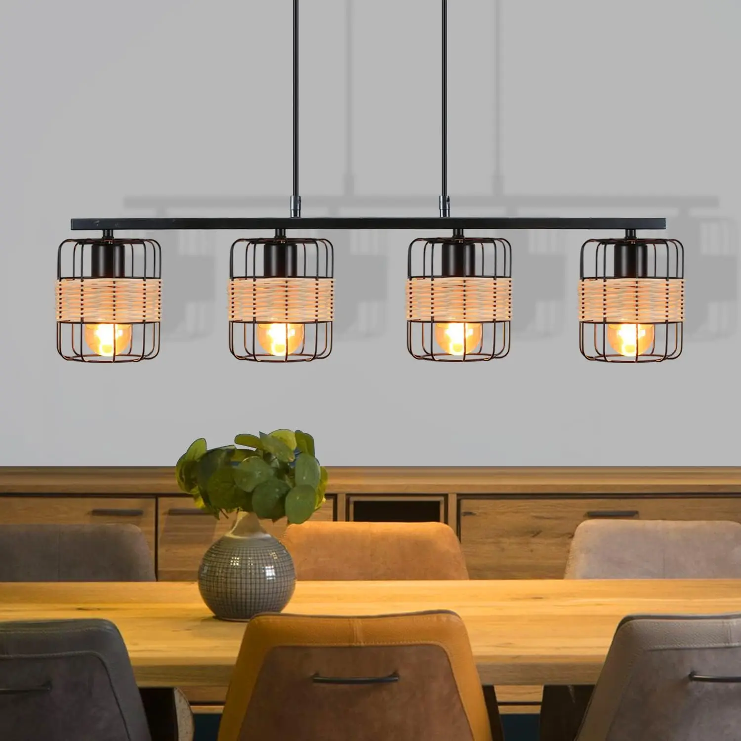 Vintage Pendelleuchte Esstisch Hängeleuchte Rustikal 4 Flammige Hängelampe Industrial Rattan Esszimmerlampe E27 Wohnzimmerlampe Hängend Pendellampe Schwarz aus Metall Bambus Korb Lampeschrim