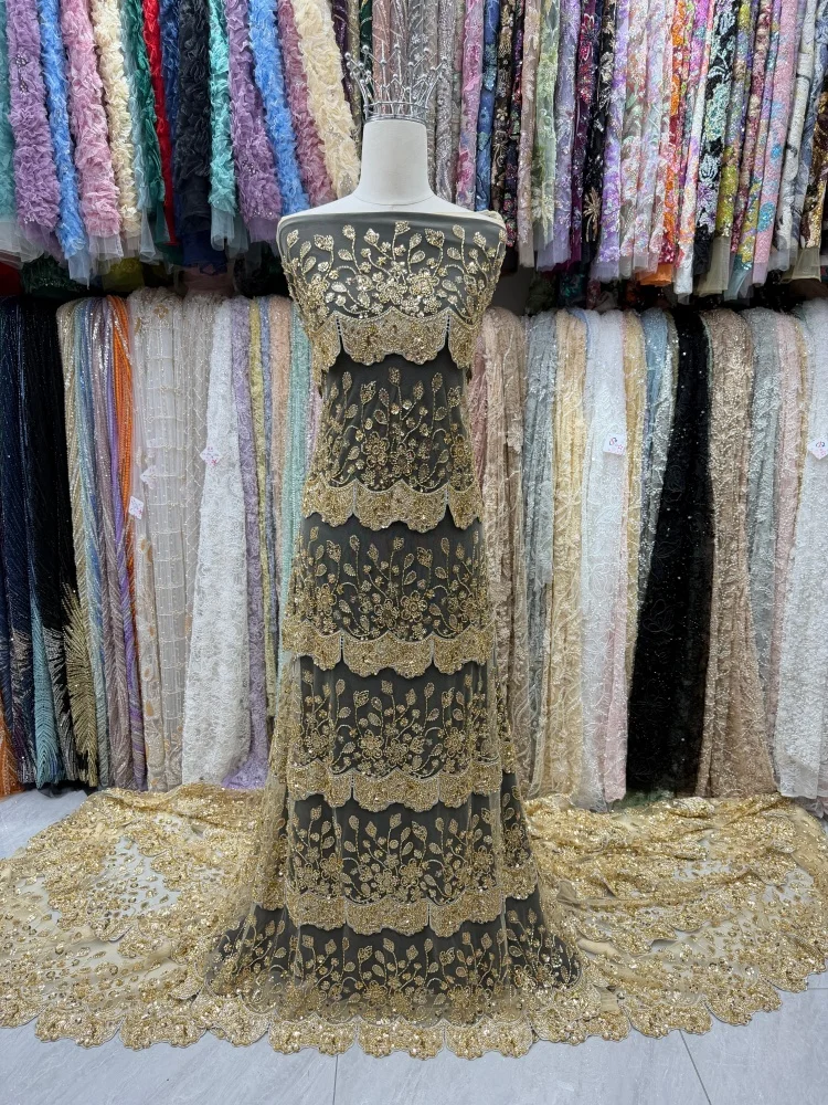 

Luxury African Sequins 3D Lace Fabric 2026 High Quality French Heavy Beaded Tulle Lace Fabric Nigeria For Bridal Party Dress