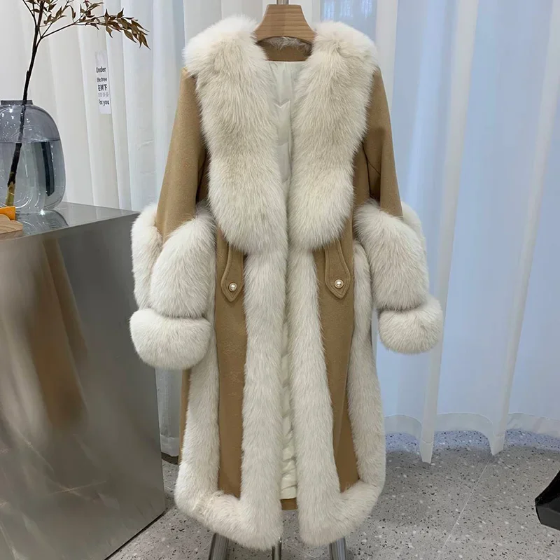 

2024 Women's Long Real Wool Coat Goose Down Real Fox Fur Soft Warm Coat Real Wool Trench Coat Overcoat Winter Autumn FL6043