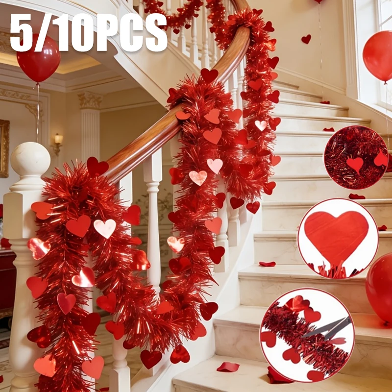 

5/10PCS Valentines Heart Tinsel Garland Decorations Valentines Day Red Pink White Metallic Garland Valentine's Day Decorations