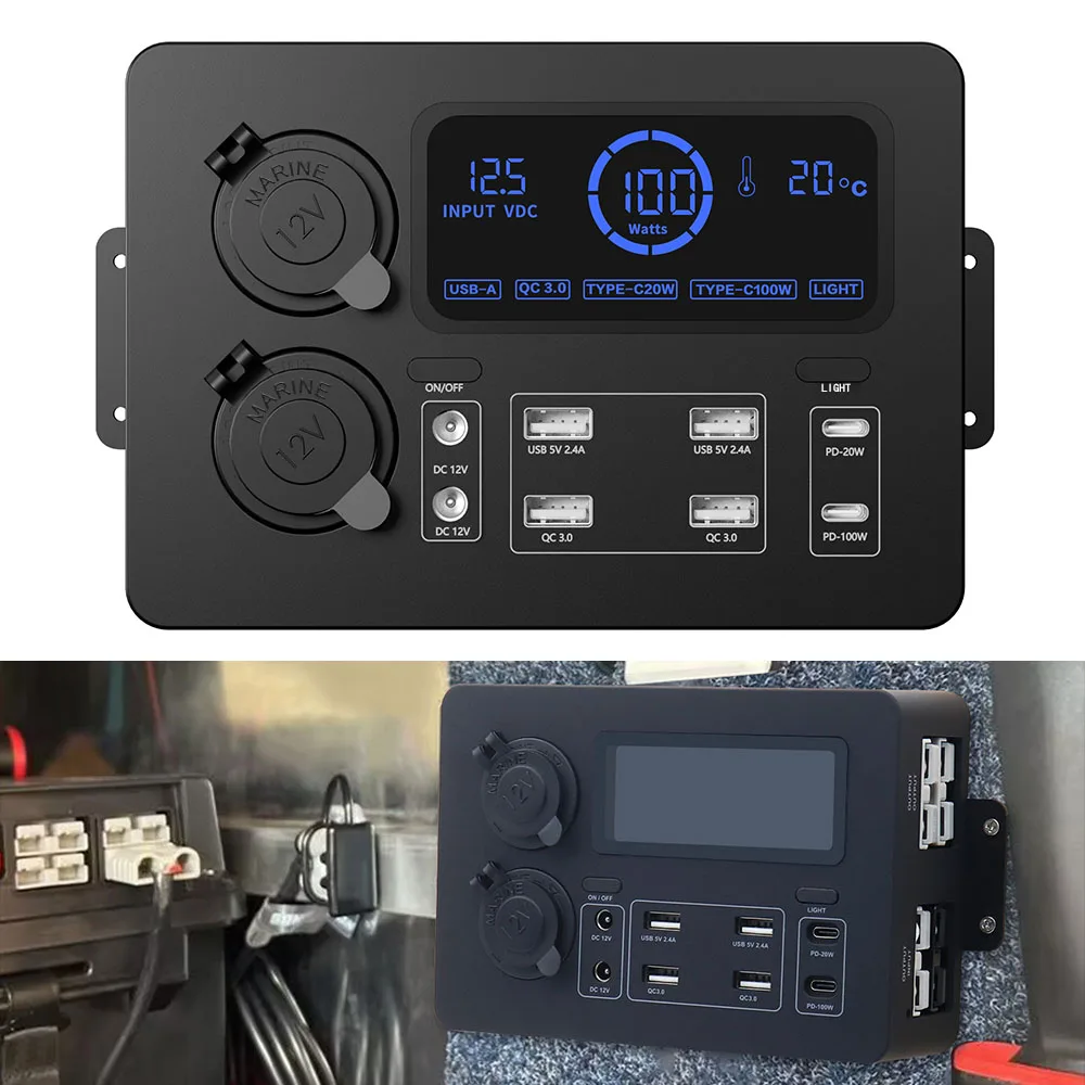 Portable Control Hub with LED Lights with LED Lights 100W LCD Display Power Box 12V Mini Power Box Adapter for RVs, SUVs, Boats