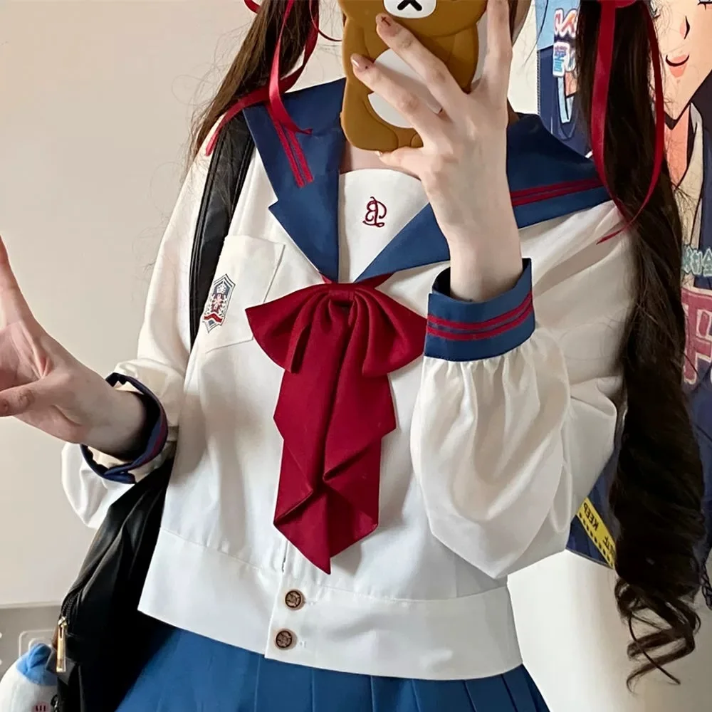 Abito da marinaio in stile giapponese S-XL Uniforme scolastica per ragazze della scuola Blu Bianco Donna Sexy Jk Abito basic Camicetta da marinaio Gonna a pieghe