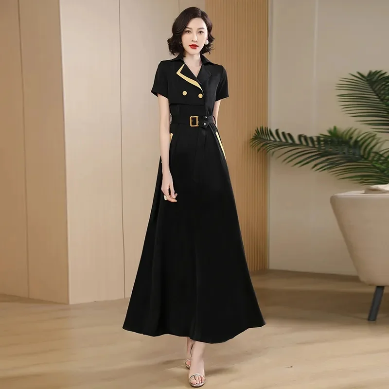 2023 Hepburn Style Summer Temperament High end Slim Fit Slim Covering Waistband High Contrast Color Dress Long Dress for Women