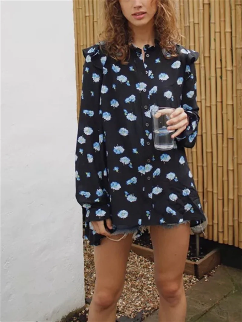 

Asymmetric Hem Long Blouse for Ladies Silk Single Breasted Fashion Blue Daisy Print Long Sleeve Lady Loose Straight Ruffle Shirt