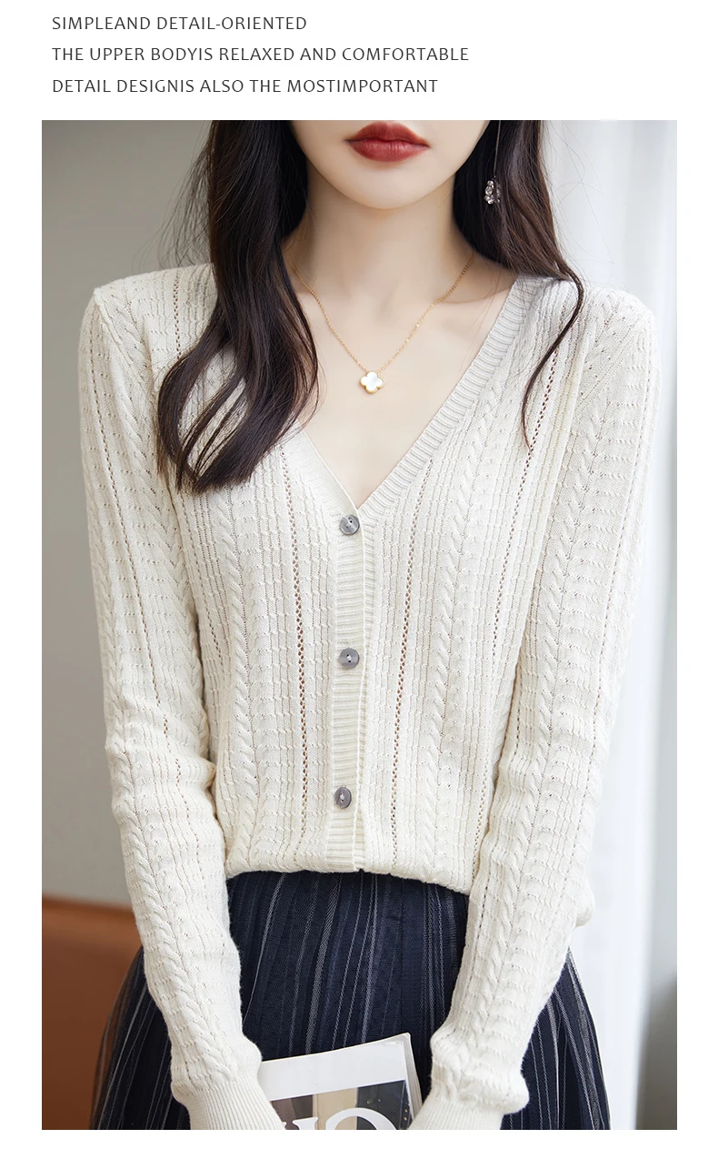100% Cotton Spring/Summer Hollow v Neck Long Sleeved Sun Proof Air-Conditioned Shirt, Comfortable Fashionable Cardigan
